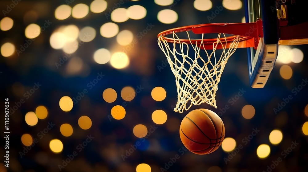 Aufkleber action shot of a basketball just before hitting the net with a beautiful blurred background of light