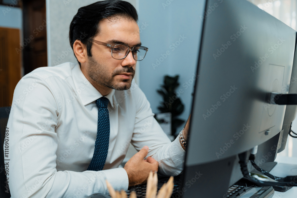 Poster smart trader businessman analyzing in two dynamic stock exchange investment screen on pc with invest