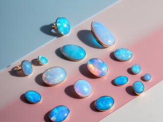 Vibrant Gemstone Collection Showcase - Blue Pink Opals on Soft Pastel Gradient Backdrop.