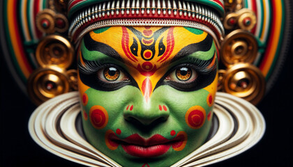 Close-Up Portrait of a Kathakali Performer in Kerala, India.
