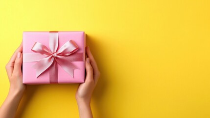 A photostock of hands tying a satin bow on a pink gift box against a vibrant yellow background, styled for cheerful celebrations. High Quality
