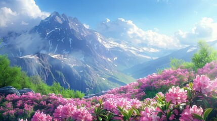 Vibrant Pink Rhododendrons Blooming Abundantly Before Majestic Snow-Capped Mountains
