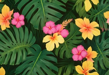 Tropical exotic pattern with animal and flowers in bright colors and lush vegetationn