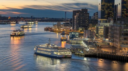 Obraz premium Night View of Busy Waterfront Promenade with Glowing City Reflections