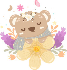 Cute little bear sleeping in a flower garden element
