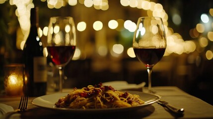 Naklejka premium Romantic Dinner Setting: Close-Up of Pasta and Wine Glasses with Bokeh Lights and Warm Cinematic Lighting