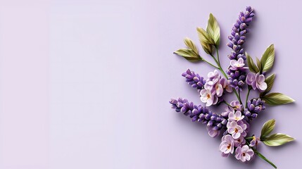 Fototapeta premium Elegant floral arrangement of lavender flowers on soft purple background nature aesthetic close-up