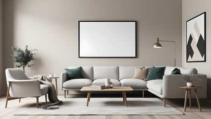 "Modern Living Room with Minimalist Accent Wall – Blank Frame Mockup and Scandinavian-Inspired Interior Design"
