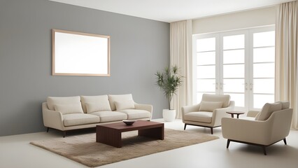 "Modern Living Room with Minimalist Accent Wall – Blank Frame Mockup and Scandinavian-Inspired Interior Design"