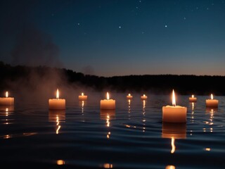 Serene Floating Candles on Water at Night.