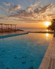 Swimming pool on Cyprus island at sunset - travel background