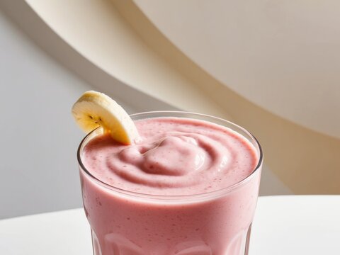 A thick strawberry banana smoothie garnished with a banana slice.