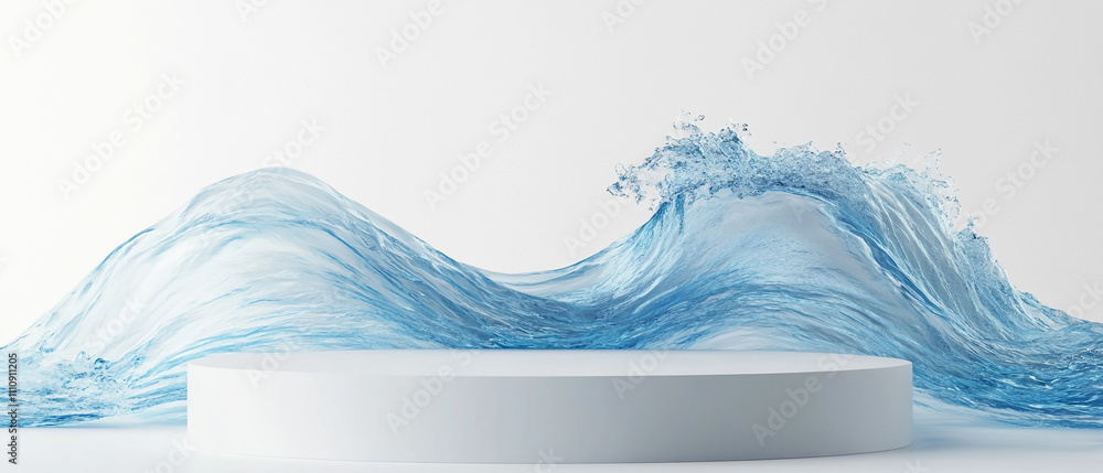 Poster Dynamic water waves crashing over a minimalistic round platform in a studio setting during bright daylight