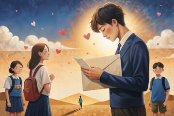 A lovestruck Japanese schoolboy holds a love letter confession in a cartoon-style image
