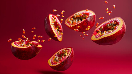 Fototapeta premium Passion fruit bursts with vibrant energy, seeds scattering vividly against a sleek red backdrop