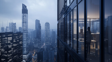 A city skyline with a person standing in front of a window