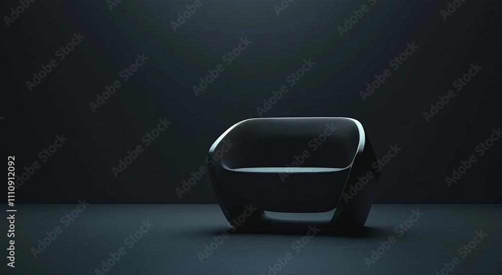 Poster Modern black sofa illuminated in dark room with subtle reflections highlighting its design features