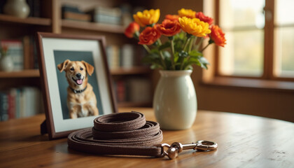 Pet leash and framed photo with flowers on wooden table, memorial.