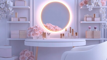 A chic vanity table with a glowing round mirror, white tabletop adorned with pink roses, makeup essentials, and a soft white chair. 