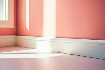 Fototapeta premium Minimalist interior corner with soft pink walls and sunlight streaming through a window