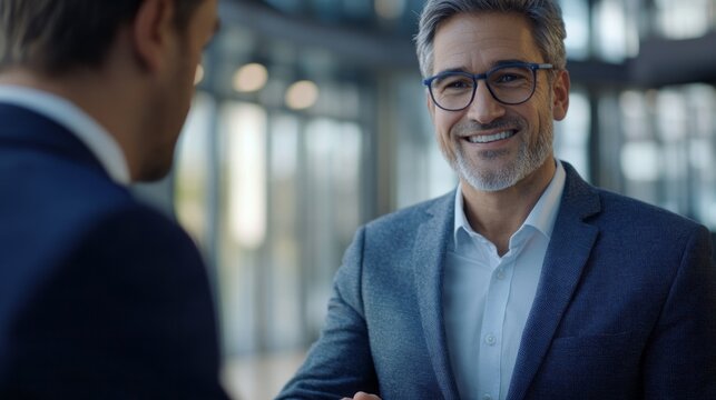 Two business professionals engage in a friendly handshake within a contemporary office environment filled with natural light