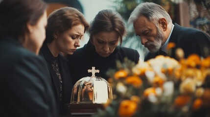Mourning family members stand together at a gravesite, paying their respects while holding a gold casket. Flowers surround them, marking an emotional farewell