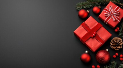 A photostock of Christmas-themed flat lay featuring red ornaments and gift boxes with a Santa belt design on a black background. High Quality