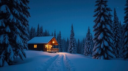 Lone Cabin in a Snowy Starry Forest
