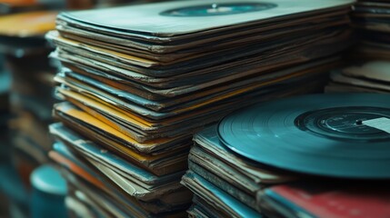 A collection of vintage vinyl records stacked high creates a nostalgic atmosphere in a music shop. The worn edges hint at many years of musical enjoyment
