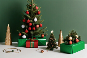 A minimalist setup featuring small Christmas trees and colorful baubles against a green backdrop, evoking holiday spirit