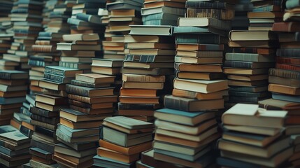 Fototapeta premium Numerous old books are piled high on shelves, showcasing a variety of colors and sizes. The arrangement offers a warm and inviting feel, ideal for book lovers seeking inspiration or knowledge