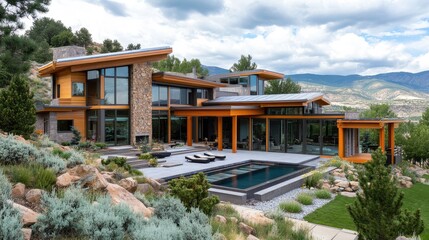 Modern luxury home with pool and mountain views.