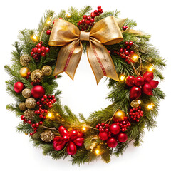 Christmas decoration Floral wreath, red bow, berries and gold lights isolated 