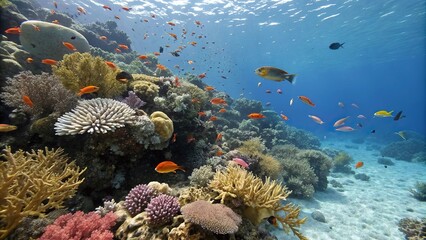 Naklejka premium Colorful coral reef teeming with marine life and fish species, sea floor habitat, underwater world, tropical waters