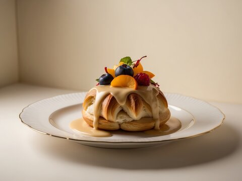 Artisan brioche pastry served with creamy sauce and fresh fruits on an elegant plate.