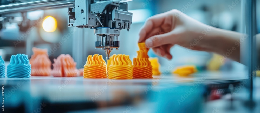 Poster a hand reaches out to pick up a yellow 3d printed object. the object is one of several printed by a 
