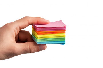 A hand holds a stack of sticky notes in various bright colors, including pink, yellow, and green. The background is completely white, emphasizing the vibrant hues of the notes that are easily visible 