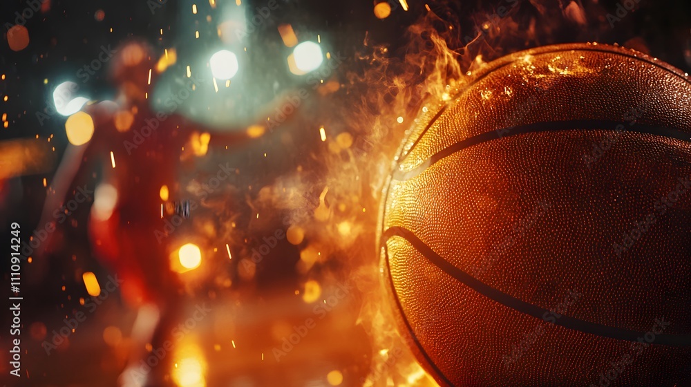 Aufkleber Dynamic Basketball Scene with Flames and Motion Blur Capturing the Intensity of the Game in an Energetic and Dramatic Atmosphere
