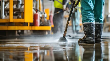 Industrial Worker Using High-Pressure Cleaner to Clean Floor in Warehouse Setting with Reflection on Wet Surface and Equipment in Background