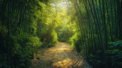 Obraz premium A serene, sunlit path winds through a lush bamboo forest, showcasing vibrant greenery and a peaceful atmosphere.