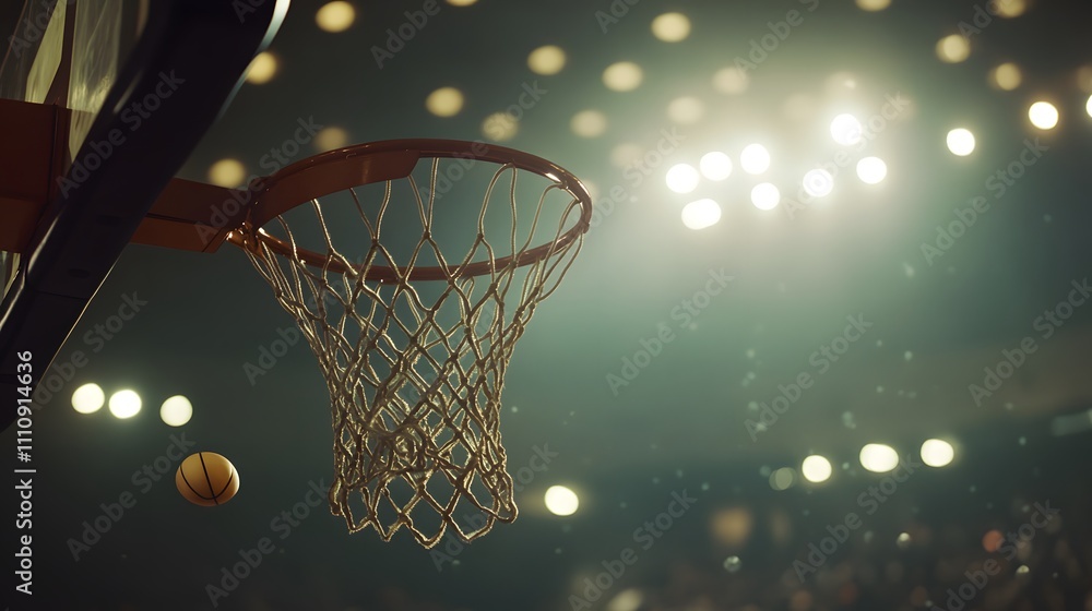 Aufkleber Dynamic Basketball Scene Captured in Action with a Bouncing Ball Approaching the Hoop Under Bright Arena Lights Creating a Sense of Excitement and Thrill