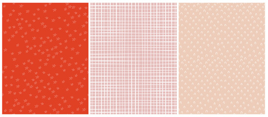 Abstract Hand Drawn Doodle Print. White Grid, Stars and Arcs on a Coral, Red and Pastel Pink Background. Cute Seamless Childish Vector Patterns. Simple Irregular Geometric Pattern. Starry Print. 