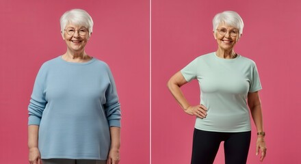 Transformation journey, healthy lifestyle, active living - before and after senior woman's fitness progress