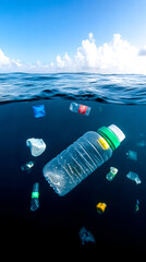 A plastic bottle and various pieces of trash are floating in the ocean, highlighting the issue of marine pollution.