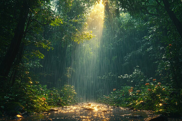 Fototapeta premium Sunlit Rainforest Stream During A Gentle Rainfall