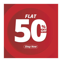Flat 50% Off Banner Design. Discount Template. Flat 50% Off Red Poster. illustration design.