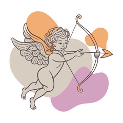 Minimalist Cupid Icon in Gold Silhouette with Bow and Heart Arrow on White Background