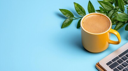 A photostock of a flat lay workspace with a laptop, notebook, and coffee cup on a pastel blue background for productivity themes. High Quality