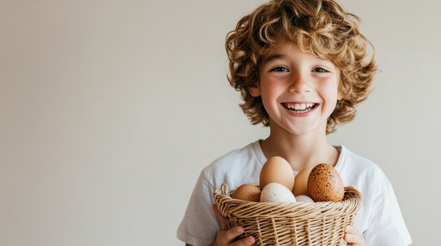 Joyful Child with Basket of Organic Eggs on Neutral Background