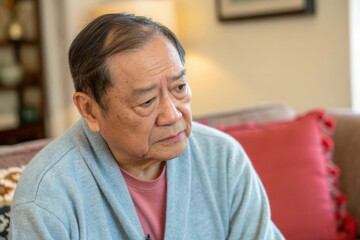 Obraz premium An elderly man sits on a cozy couch, deep in thought. He wears a soft cardigan over a shirt and appears contemplative, surrounded by warm ambient light and comforting decor in his living room.